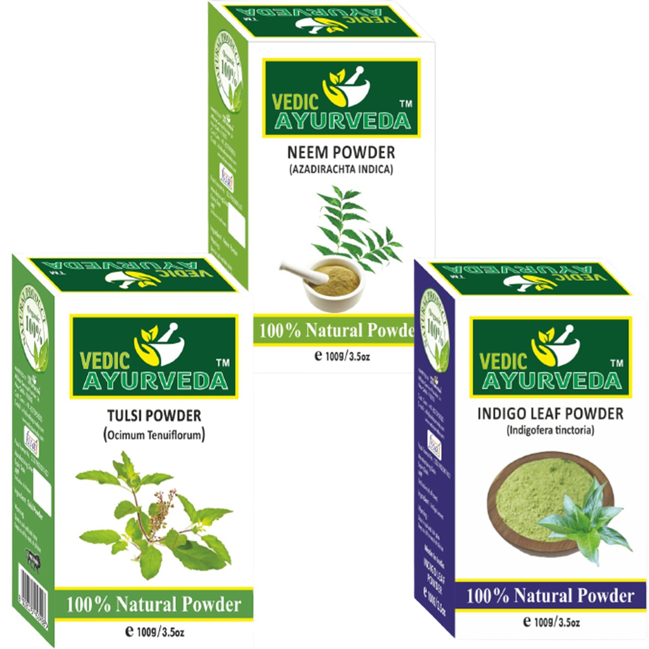 vedicayurveda tusli powder, indigo leaf powder and neem powder box