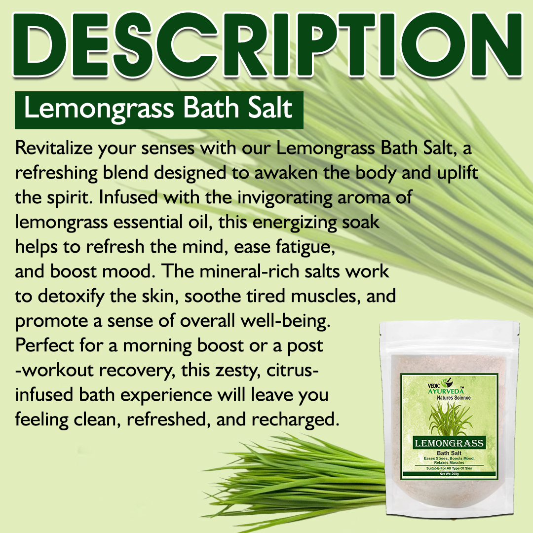 VEDICYURVEDA Lemongrass Bath Salt, 100% Natural Aromatherapy Soak for Stress Relief and Muscle Aches Pain Relief, 200g - Image 3