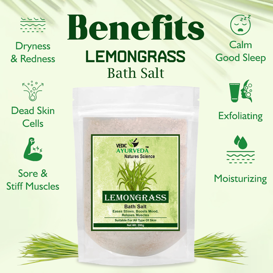 VEDICYURVEDA Lemongrass Bath Salt, 100% Natural Aromatherapy Soak for Stress Relief and Muscle Aches Pain Relief, 200g - Image 4