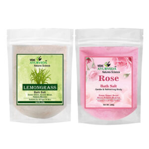 Vedic Ayurveda Lemongrass & Rose Bath Salt Combo | 2 x 200g | Herbal Spa Salt for Stress Relief, Mood Uplift & Skin Rejuvenation | For Men & Women