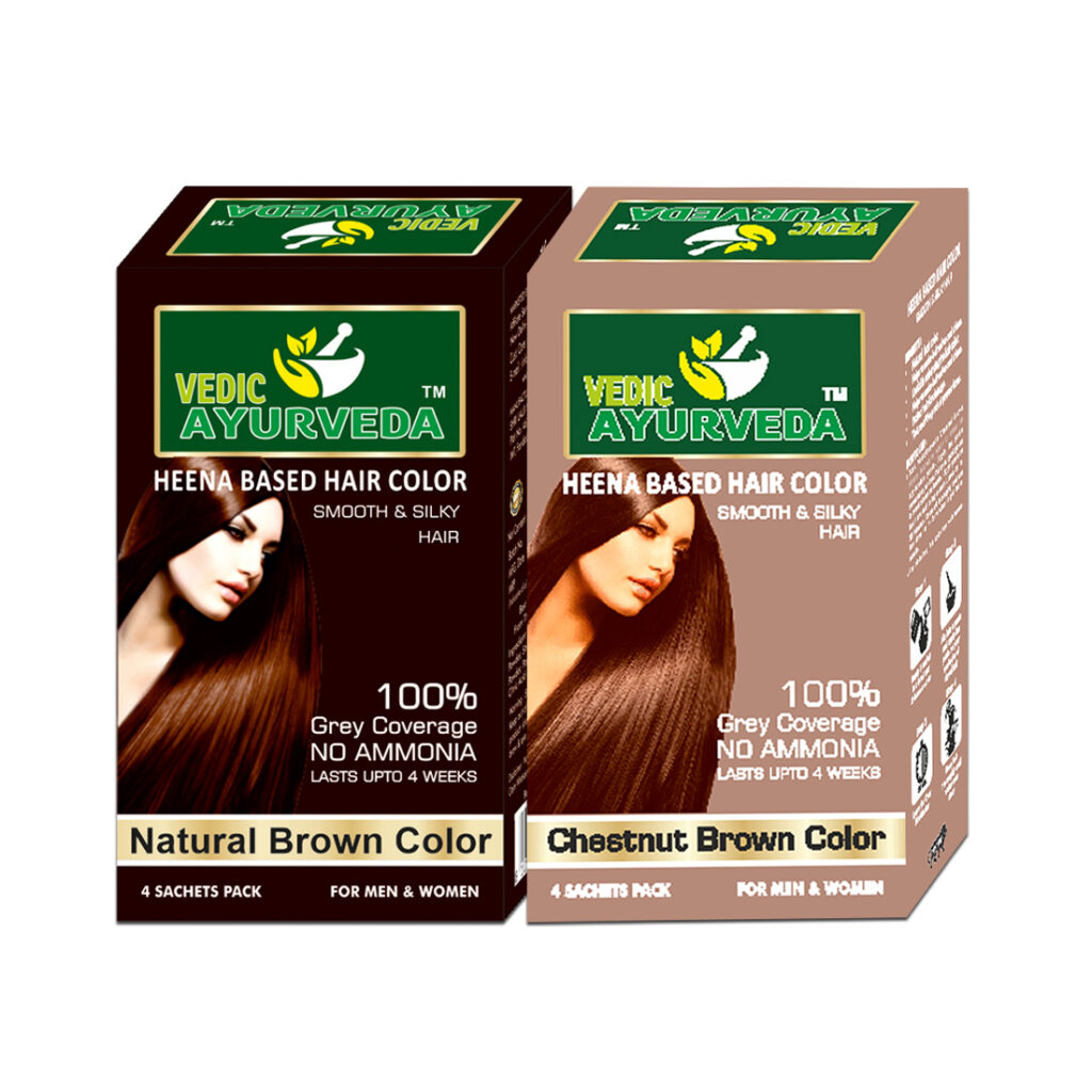 VEDICAYURVEDA Henna Based Hair Colour Natural Brown and Chestnut Brown with 100% grey coverage and ammonia-free herbal formula for men and women.