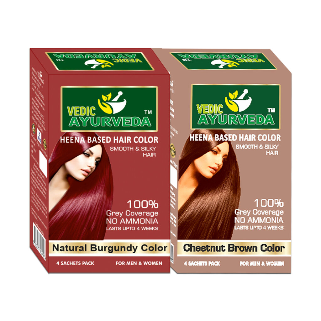 VEDICAYURVEDA Henna Based Hair Colour Combo Pack Dark Brown and Chestnut Brown with ammonia-free formula and grey hair coverage.