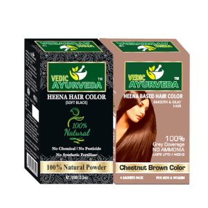 VEDICAYURVEDA Henna Based Hair Colour Combo Pack Soft Black & Chestnut Brown | Ammonia-Free | 100% Grey Coverage | 200g 3 Combo Pack Soft Black & Chestnut Brown