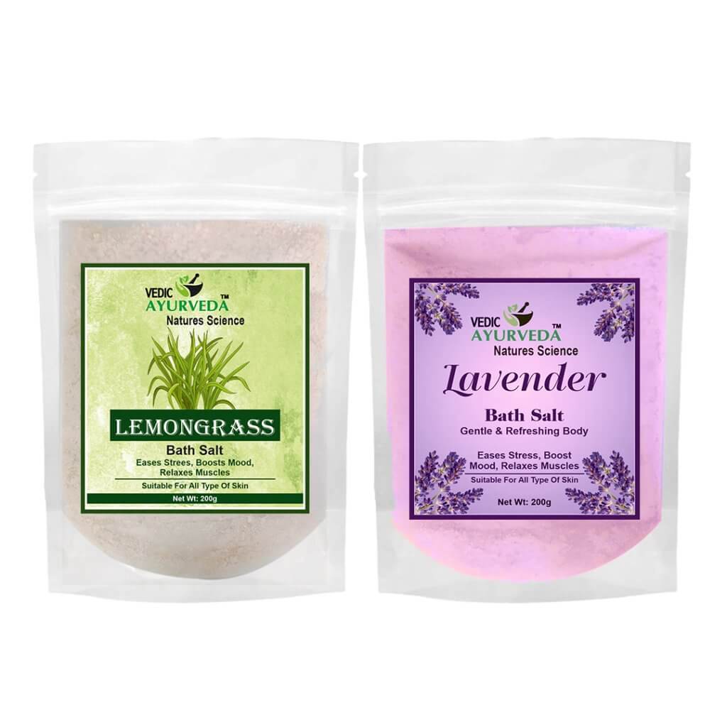 Vedic Ayurveda Lemongrass & Lavender Bath Salt Combo for Stress Relief and Skin Care