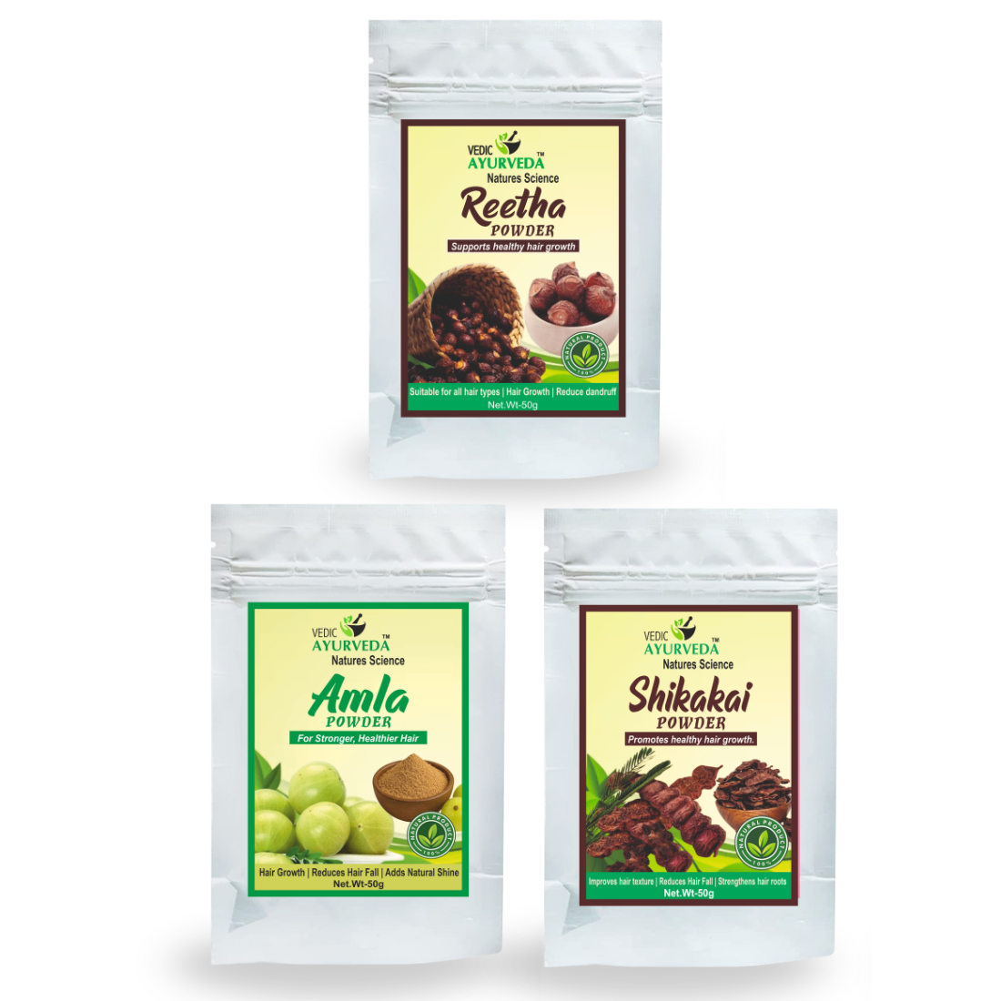 VEDICAYURVEDA Pure Organic Amla, Shikakai & Reetha Powder Combination for Hair Care & Hair Conditioning of Combo Pack of 3 Items (50*3=150gm) 1 Amla, Shikakai & Reetha Powder