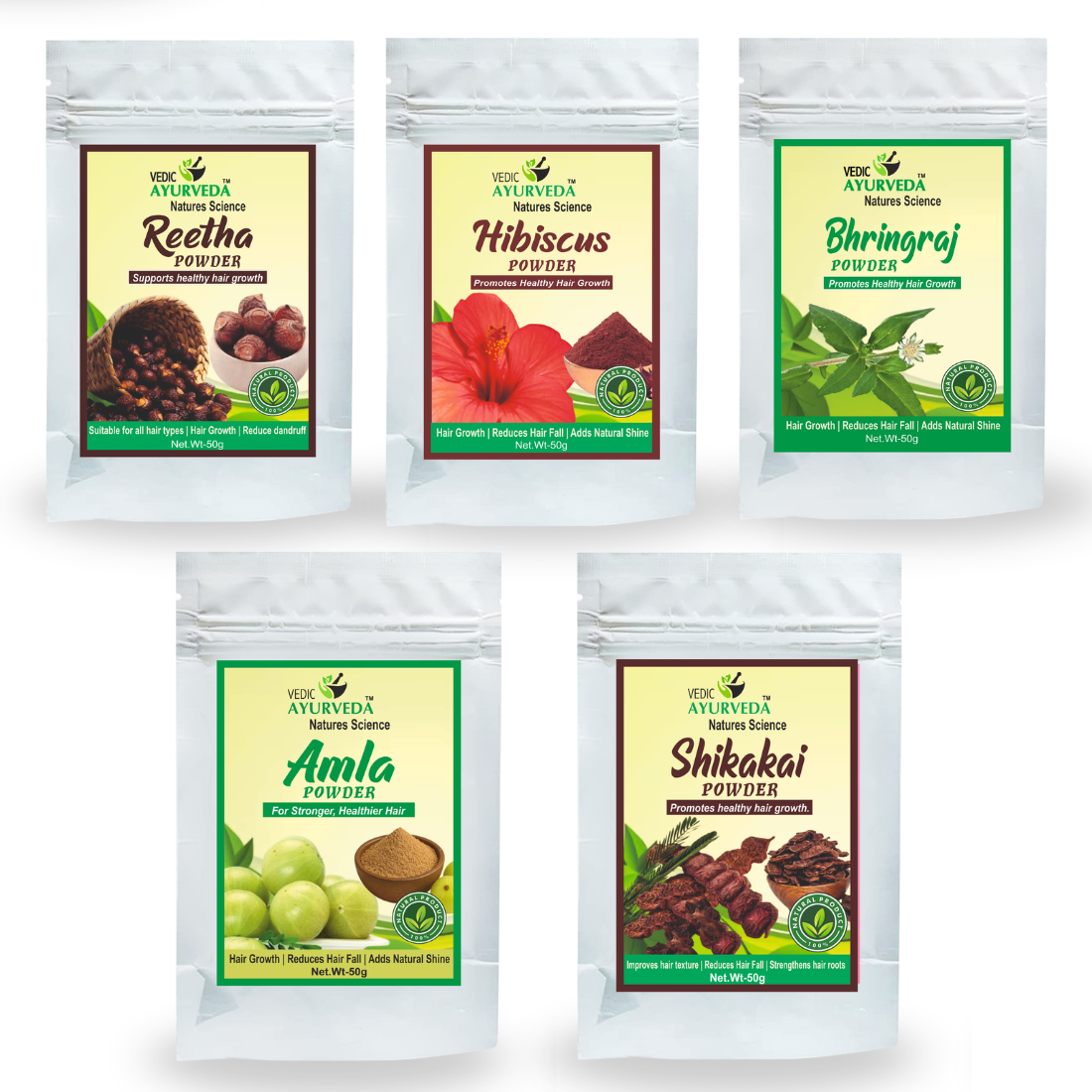 Vedicayurveda Amla, Shikakai, Reetha, Bhringraj, Hibiscus Powder Pack of 5, 250g(50g Each) 1 Amla, Shikakai, Reetha, Bhringraj & HIbiscus powder