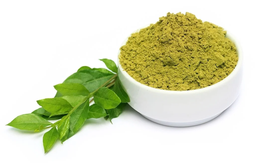 Natural Black Color and Smooth & Silky Hair 2 Henna leaves with powder on ceramic bowl over white background