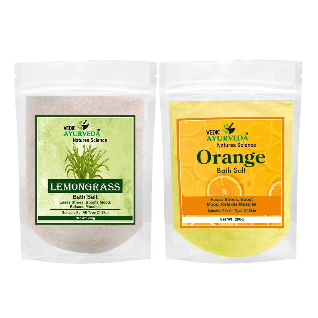 Vedic Ayurveda Lemongrass & Orange Bath Salt Combo for Stress Relief Mood Uplift and Skin Rejuvenation