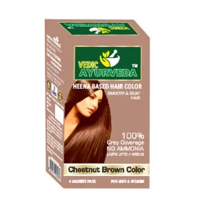 VedicAyurveda Henna Based Hair Colour in Chestnut Brown offers effective grey hair coverage with an ammonia-free formula. Easy-to-use sachets for natural-looking hair colour results.